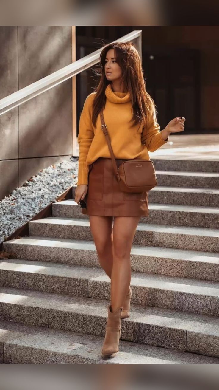 Mustard Sweater with Brown Mini Skirt 